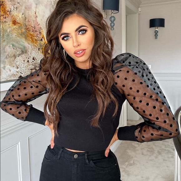 Peach Tops - Black Puff Organza Gold Polka Dot Sleeve Knit Top